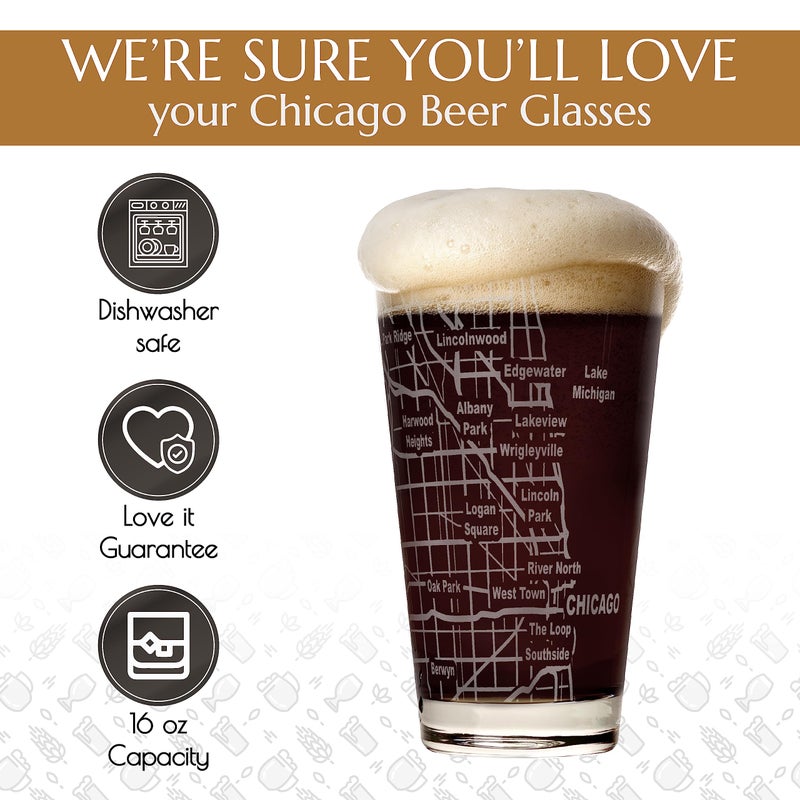 Greenline Goods Beer Glasses - 16 oz Drinkware Set for Chicago lovers - Set of 2 - Etched with Chicago, IL Map | Premium Decorative Glassware - Image 5